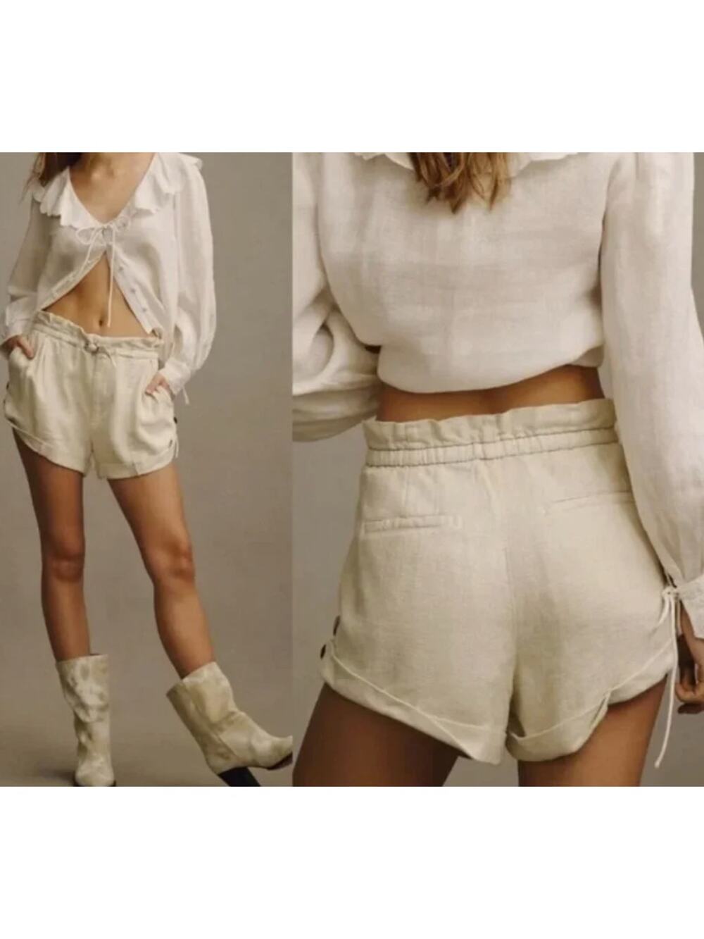 New Anthropologie Belted Paperbag Linen Blend Shorts Cream Size M